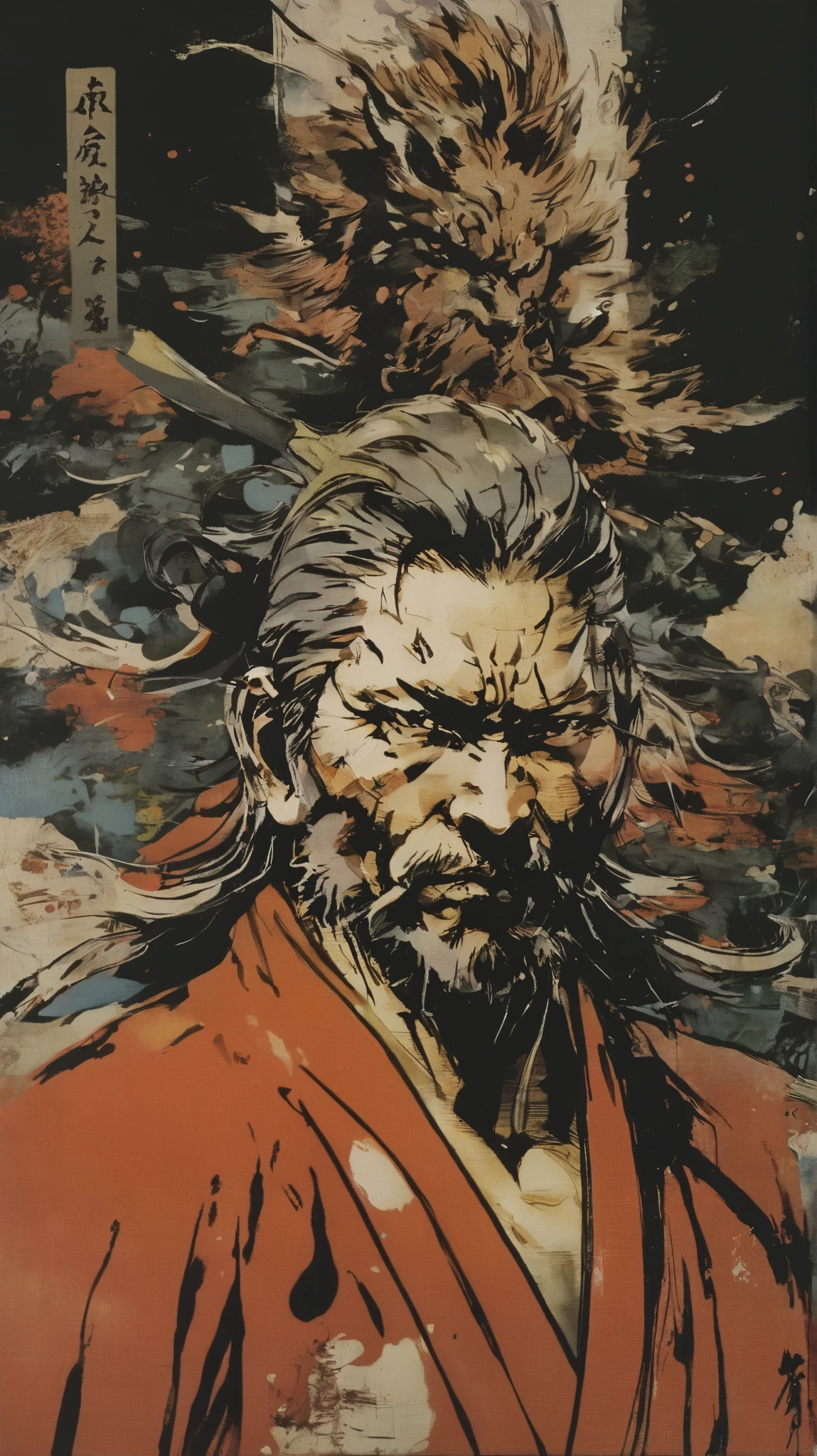 score_9, score_8_haut, score_7_haut, homme avec un jinbei noir, dégainant un katana devant son visage, pétales de cerisier volant autour de, visage sérieux, yeux noirs, arrière-plan sombre, une lumière mystique tombe sur un samurai, détails complexes, Une image épique, scène épique, éclairage dramatique, budget élevé, Bokeh, cinémascope, lunatique, épique, magnifique, grain de film, granuleux, chef-d'œuvre, meilleure qualité, yoji shinkawa