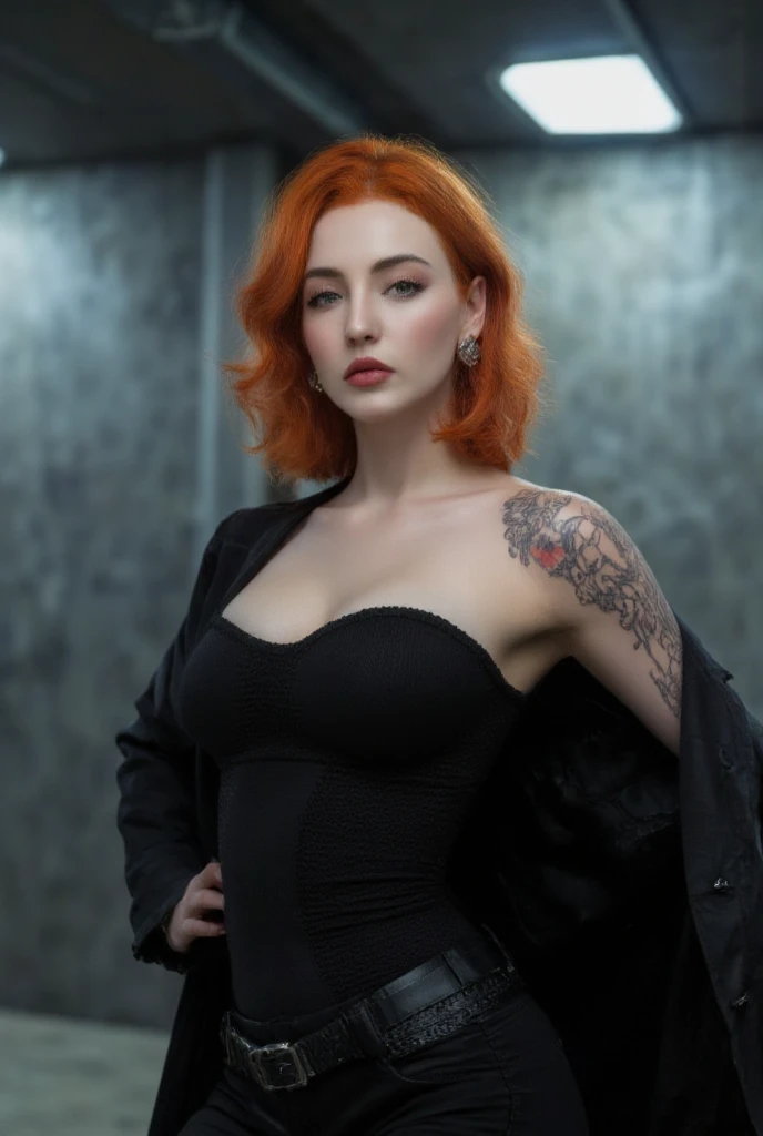 1woman, age 24, Solo, Aesthetic artwork, irish redhead, shoulder length ginger hair, commanding presence, stern glare, wavy red hair, green eyes, floral tattoo on shoulder, pale skin, long trench coat, black trousers, skin tight tactical vest, sultry, C-cup, medium breasts, fit and slim body, detailed skin texture, dynamic pose, indoors, (extremely detailed 8k wallpaper), studio lighting, high quality, Fujifilm XT3 sharp focus, f 5.6, 50mm, High Detail, Sharp focus,(estudio light), crazy details, complex details, hyper detailed.