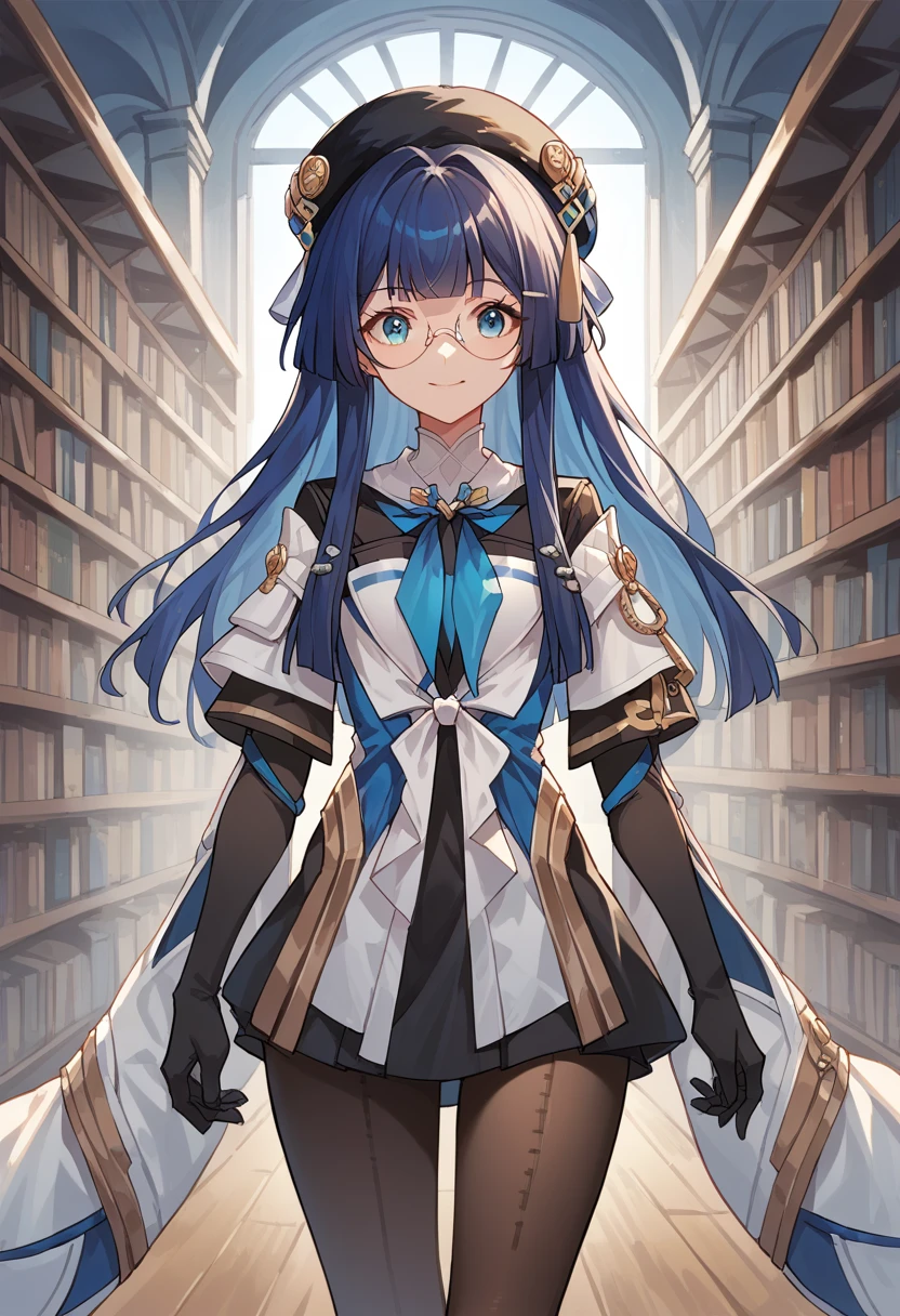  1 girl,  long hair,  blue hair, hime cut,  blue eyes,  hat tassel , hair clip, beret,  hair accessories, glass,  round eyewear,  blue neckerchief , ribbon,  Long Sleeve ,  wide sleeve,  skirt,  elbow gloves,  pantyhose,   standing, library,  viewers,  light smile , indoor, library,  COWBOY SHOT SCORE _9, score_8_ up, score_7_ up, score_6_ up, score_5_ up, score_4_ up, interruption source _Anime, masterpiece