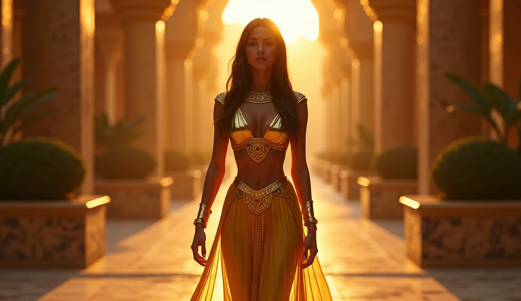 Create an ultra-realistic image of Inanna, the ancient Mesopotamian goddess of love, fertility, and war. She should be depicted as a powerful and regal figure, with intricate, golden jewelry adorning her body, including a crown, bracelets, and layered necklaces. Her gown is richly detailed, with flowing fabric that glimmers under soft, divine light. Inanna’s expression is a blend of grace and determination, with piercing eyes that convey both compassion and strength. She stands in a grand temple, with ancient Sumerian carvings and towering columns behind her, while a faint aura of divine energy surrounds her, highlighting her status as a goddess
