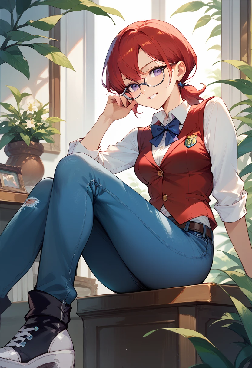 (Masterpiece), Best Quality, ultra-detailed, 1girl (Gwendolyn_Tennyson, Slender and sexy body, lovely small breasts, orange hair, long wave hair, green eyes, half-closed eyes, spectacles), a come-hither face, smirk , parted lips, nose blush, blush, facing viewer, looking at viewer, solo, business suits, business jacket, dark blue jacket, white y-shirts(buttons), necktie, tight skirt,dark blue skirt, black lace thighhighs, in the classroom, night time, , sitting, sitting on desk, crossed_legs, come-on, lure,, Sexy waist teasing, ,
