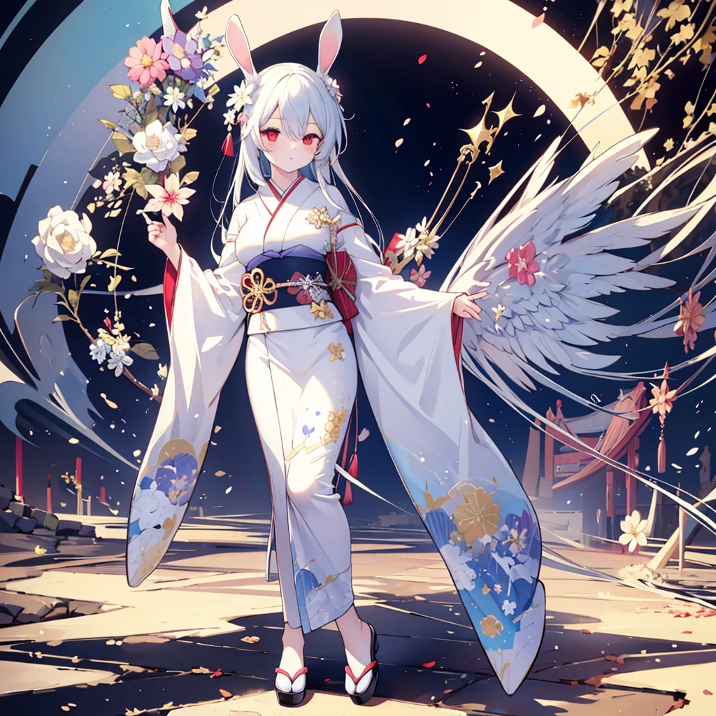 Hand Repair,Foot repair,masterpiece,8k,(((( 1 girl)))), beautiful girl,City Background,((((full body shot,very wide shot,Rabbit Ears,I'm hiding my ears with my hair)))),(((Perfect white hair, long hair))), ((((( rainbow heterochromia, Golden Eye Right Eye,Red Eye Left Eye , kimono,she wearing a blue color furisode,Big Breasts))))), facing forward 