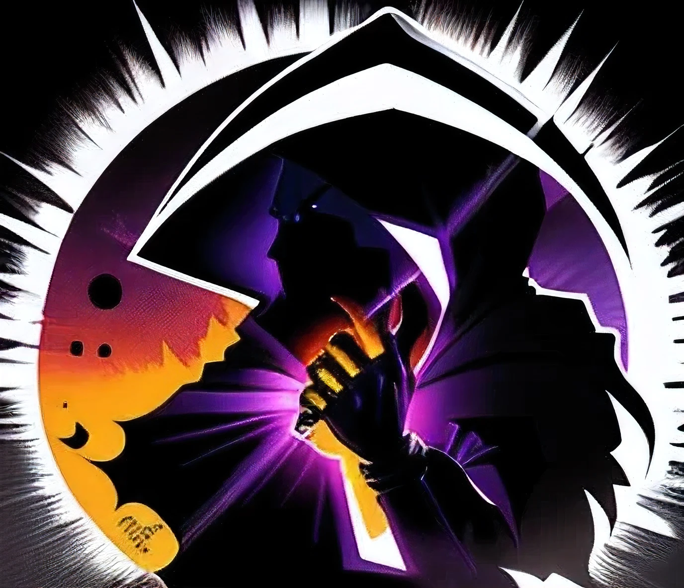  Create a circular logo for an eSports team .  The logo must feature a reaper with a black cape and hood ,  which is an orangutan skeleton instead of the traditional human skeleton .  around the character ,  there must be a vibrant purple fiery aura . Beneath the reaper ,  include a blank space where the name of the team can be added .  The design should give the impression that the reaper is emerging from the name of the club,  creating a visual connection between the character and the text ."