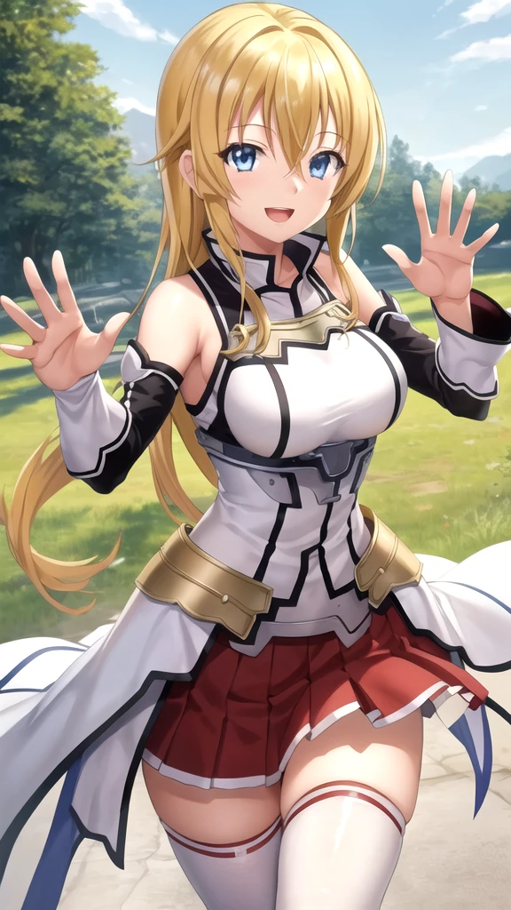 masterpiece, best quality, high quality, girl, solo, looking at viewer, yuuto_kiba, blonde hair, blue eyes, hair between eyes, large breasts, Sword art online cosplay, bare shoulders, armor, breastplate, white sleeves, detached sleeves, red skirt, pleated skirt, white thighhighs, waving, smile, open mouth, outdoors 