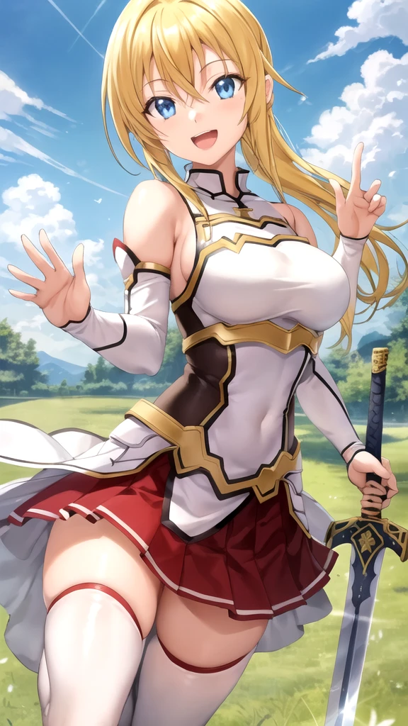 masterpiece, best quality, high quality, girl, solo, looking at viewer, yuuto_kiba, blonde hair, blue eyes, hair between eyes, large breasts, Sword art online cosplay, bare shoulders, armor, breastplate, white sleeves, detached sleeves, red skirt, pleated skirt, white thighhighs, waving, smile, open mouth, outdoors 