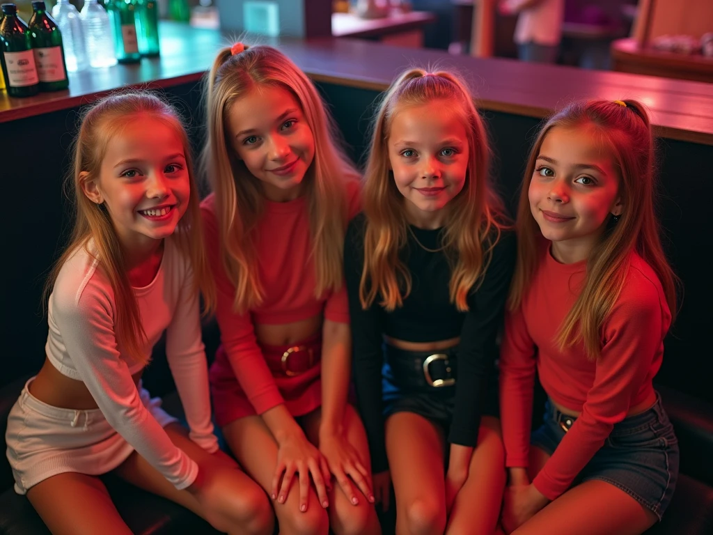 real photograph, four young looking incredibly skinny swedish young **** girls with a cute face, ******, sexy and cute smile, blue eyes, skinny anorexic body, and large heavy plump breasts, in a night club, on knees, top down view, cute long sleeve latex crop top and a short skirt, white sneakers , light blond, very long hair in a slick ponytail