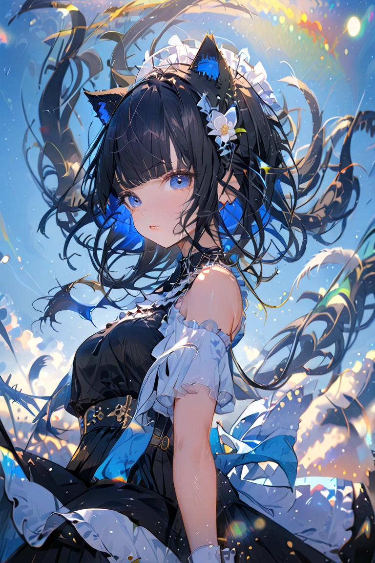 1girl, absurdly long black hair blunt bangs, blue eyes, cat ears, cat tail, chestnut mouth, large breast, open shoulder maid uniform, high waist short skirt, wind browing, floating hair, white background, contrapposto, cool expression, from below, look at viewer, soft focus, lens flare, masterpiece, best quality, vivid light color, Vector Art, 2D flat, simple shapes, professional graphic, flat color, Sleek design, 1girl, absurdly long black hair blunt bangs, blue eyes, cat ears, cat tail, chestnut mouth, large breast, open shoulder maid uniform, high waist short skirt, wind browing, floating hair, white background, contrapposto, cool expression, from below, look at viewer, soft focus, lens flare, masterpiece, best quality, Matte frosted color, Vibrant colors, Layering impasto (oil painting:1.1), ultra-detailed texture, perfect composition, intricate details, high resolution, High contrast, sharp focus, Delicate brushwork, ,AddXL,Dream Scenery