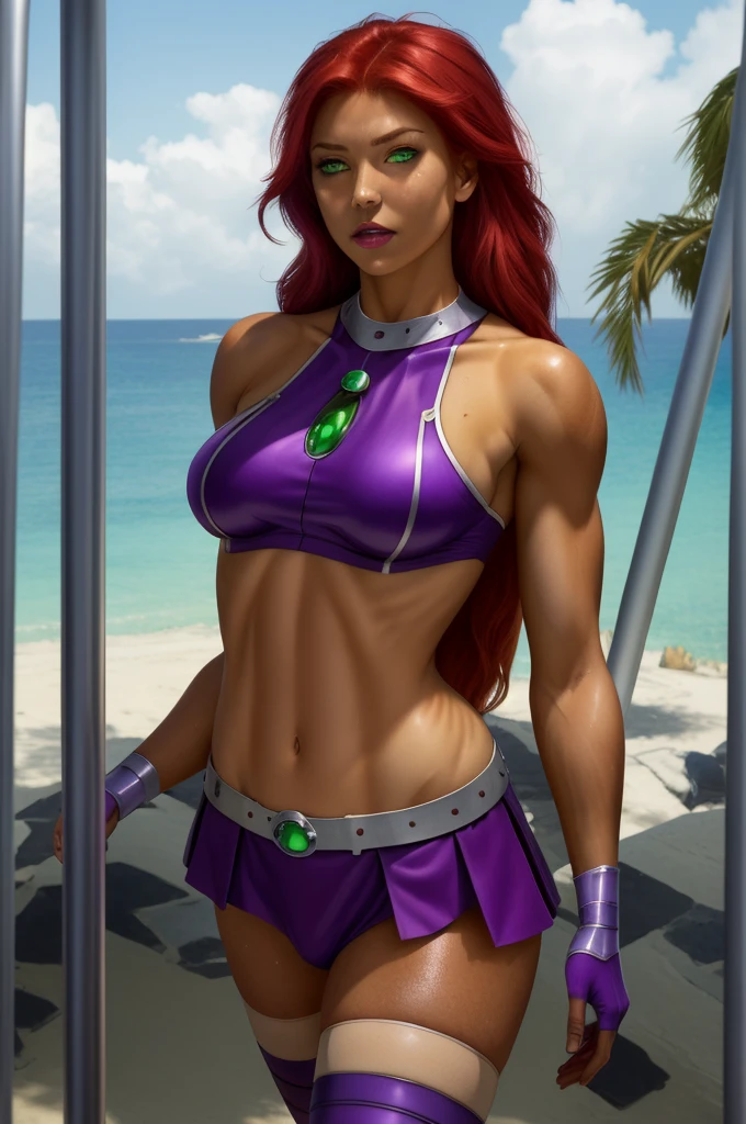 (masterpiece, best quality, ultra-detailed), StarfireDC, green eyes, red hair, glowing eyes tan skin, large breasts, midriff, purple skirt, crop top, purple thighhighs, bare shoulders, belt, metal arm guards