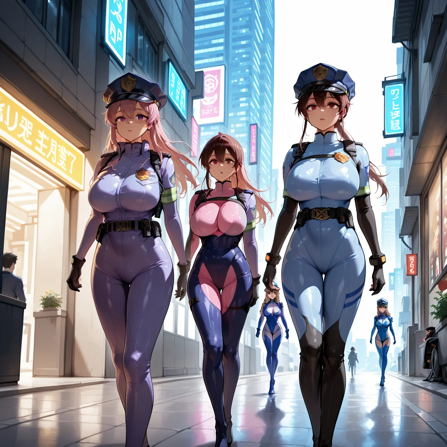 Sexy police woman,led suit ,long hair, big boobs, walking in a  futuristic city, being followed by other women , straight empty vacant hypnotized stare, 