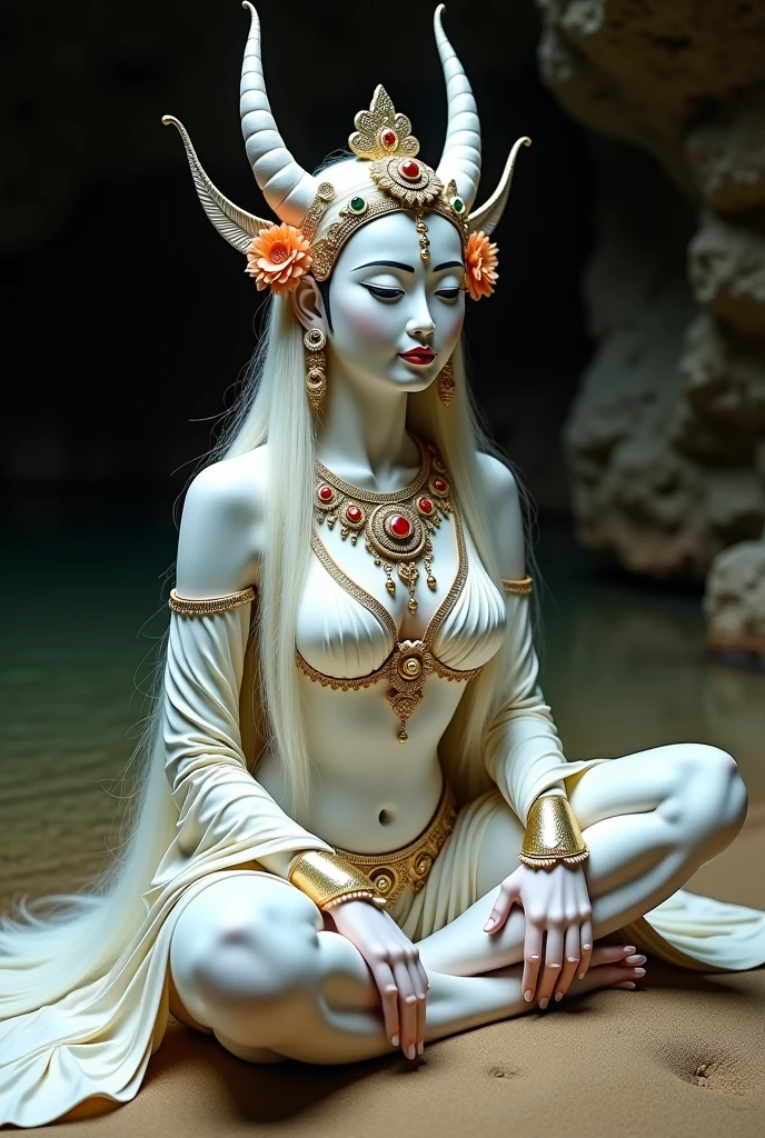 (1 Evil and terrifying bodhisattva), (ssmile, big breasts beautiful,Close your eyes, Super detailed face), (A crown made of white bone:1.2), (The female body，Dress coolly:1.2), (Sit on the white bone lotus platform，A lotus platform made up of white bones and corpses:1.5), (uncanny，Ghastly，Terrible temperament:1.5), (Sit cross-kneeled:1.5), (Sit on the white bone lotus platform，Use creepy lighting:1)，（Has six arms，Holding human heads and evil weapons：1.5），（Realistic picture，Complete body：1.4）