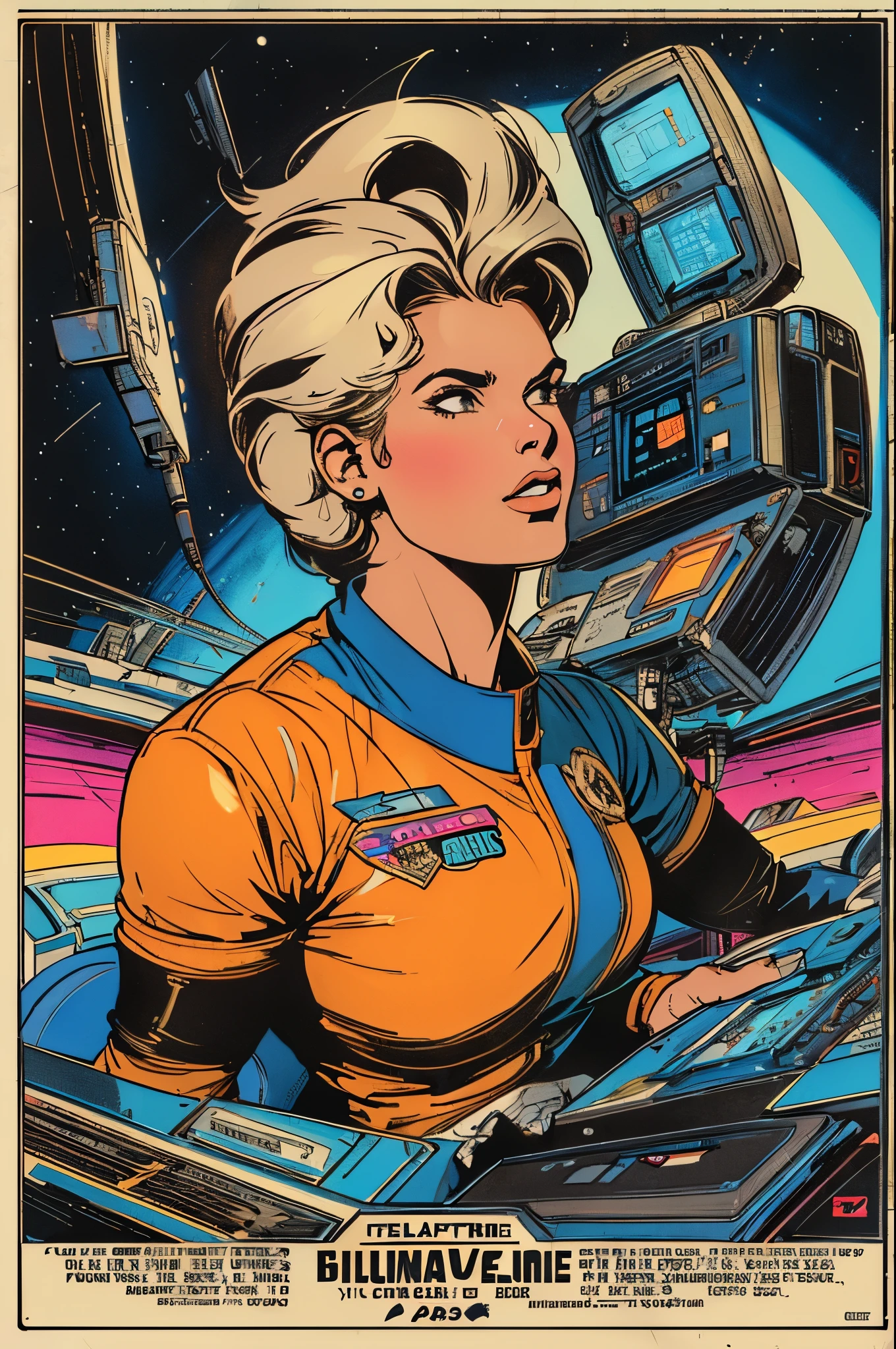 (((Top Quality Masterpiece ))),(((solo:1.2))),((( 1 woman :1.2))), 32K Highly Detailed Wallpaper , Retro Vintage Style ,(dynamic Angles),(((Overwhelming highlights))),((most complex machine)), American comics with a very flashy color scheme,80s space thriller movie poster confident face