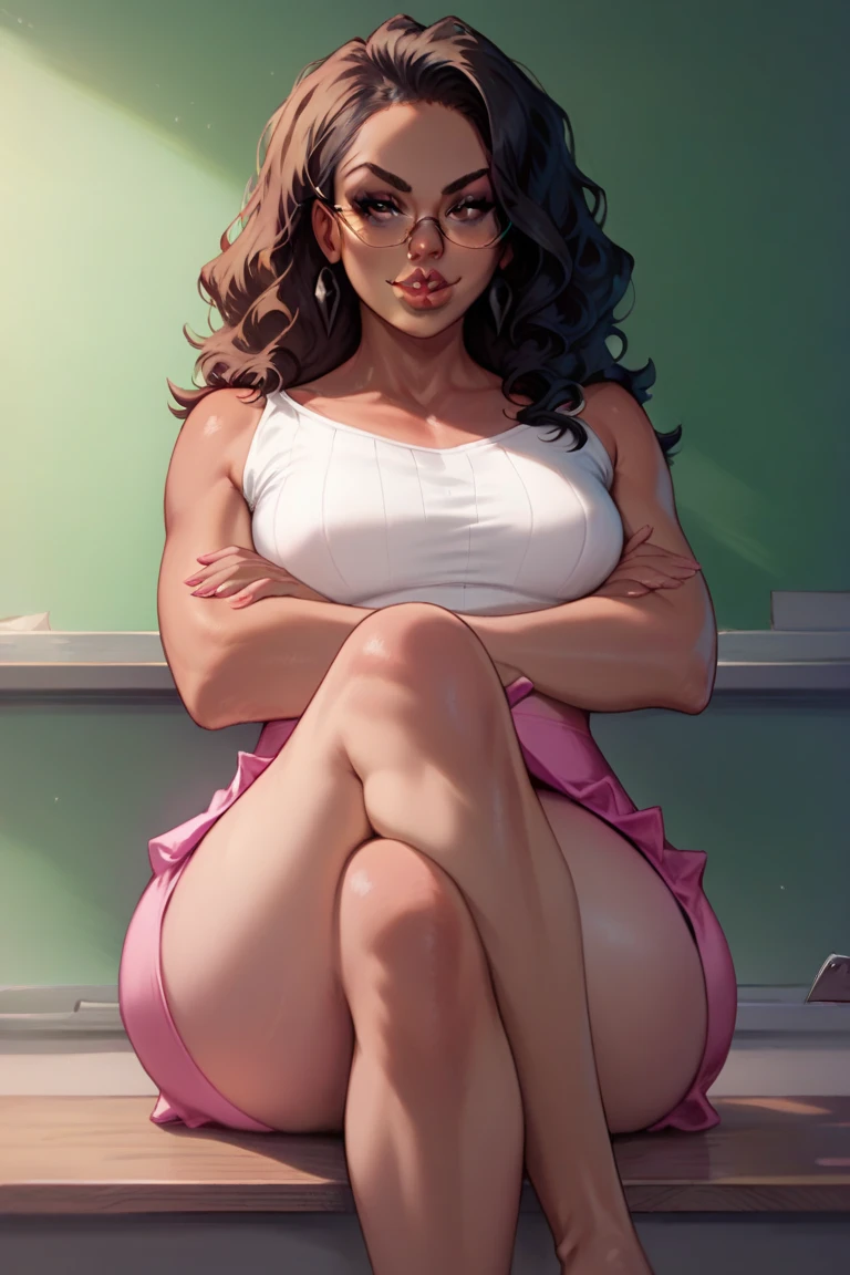 1 woman, sitting,  crossed legs, glasses,  white t-shirt bare shoulders and neck, medium chest and hips , pink skirt,  seductive look,  classroom background , long shot