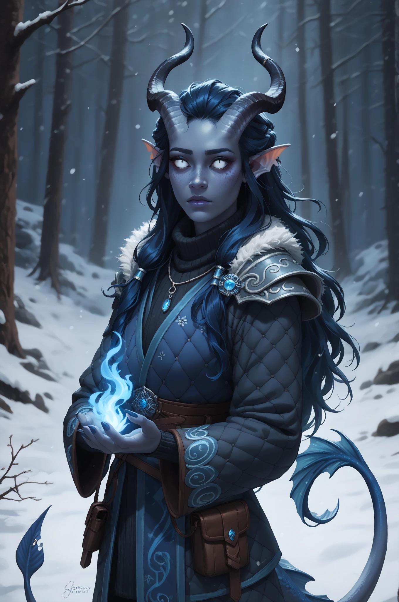 (A snow-covered cedar ,  the winter cedar forest against the background of ), (1Тiefling ,  dark blue-gray skin :1.5), ( very thick long tiefling dragon tail :1.5), ( long black flowing hair with dark blue tips:1.4), ( the bright blue-black pigmentation on the face :1.5), (blue-black freckles :1.2) , ( 2little fins on their heads :1.4), (bright blue-grey pupils,  Black eyes :1.4), ( blue-black pigmentation on the skin :1.5), ( dark grey straight short horns ), ( blue and black pigmentation on the tail :1.5),  girl  , (kind face), (на лице эмоции от coldа), ( medieval fur pants ), (coldно:1.2), [curiosity ], (35 years old:1.5), (adult:1.2), (Deep look:1.3), ( fur collar armor), ( fur armor ), (chainmail), (you can see pigmentation on his shoulder ), (tail protection), [ snowy winter ], (visible in full), ( a fiery magic bundle of flame in hand:1.4), (Fireball in hand :1.2), (dynamic pose:1.3), (очень coldно), (dark:1.2), (blizzard,  snow , cold) , ( top quality ), ( masterpiece fails), ( highest detail),  fantasy background, blue tones, Dark tones, dark shades,  muted colors, [Night], (a dark scary cave in the background).