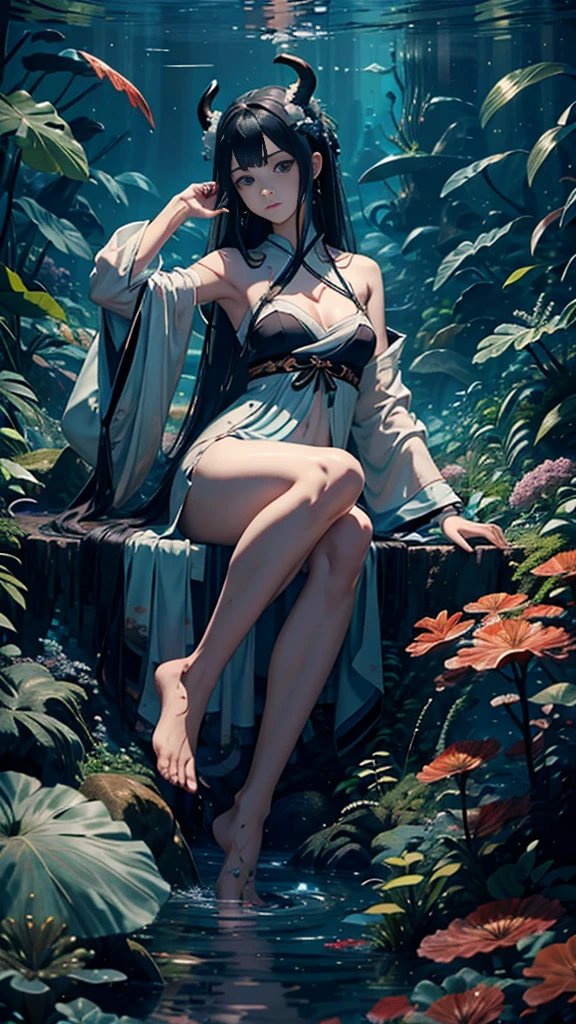 ((1girl)),solo,1girl sitting on a bamboo mat bed in a pavilion,thin hanfu,foggy,(curtain),(bamboo forest:1.2),tiles roof,translucent silk chiffon hanfu,dudou,light green and white,off shoulders,chinese painting,gongbi style,water_color,(grapevineman:1.2),(trees, artificial mountain, green lotus leaves,light pink lotus flowers),koi,wooden windows,doors,bed,(rocky garden),trandional architecture,temple,tower,wall,chinese garden,long hair,full body,bangs,(masterpiece, Extremely detailed, best quality, highres:1.2),(ultra_detailed, UHD:1.2),soft smile,<lora:huyefo2-000008:0.7>,<lora:Clothing -:1>,<lora:animetarotV51:0.8>,(bamboo frame),<lora:cutegirl25d:0.3>,