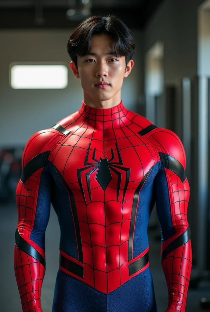 Young Korean boy in a detailed Spider-Man costume., Red and black color scheme :: Highly detailed, แมงมุมที่มีHighly detailed, ดวงตาที่มีHighly detailed, นิ้วที่มีHighly detailed, Take the whole body, Quiv haircut, dynamic poses, Look at the camera, Detailed parts of the face, Manly, nighttime, city scenery, city lights, Detailed city roof background, Monk sex, perfect anatomy, Symmetrical body, Asia, 19 years old, realistic, human skin, short hairstyle, handsome chad chin, handsome, sit, open legs, charming, Be a man, sexually charming, human skin, (Make eye contact), charming, Big hip pants, very good, depth of field, perfect composition, in the middle