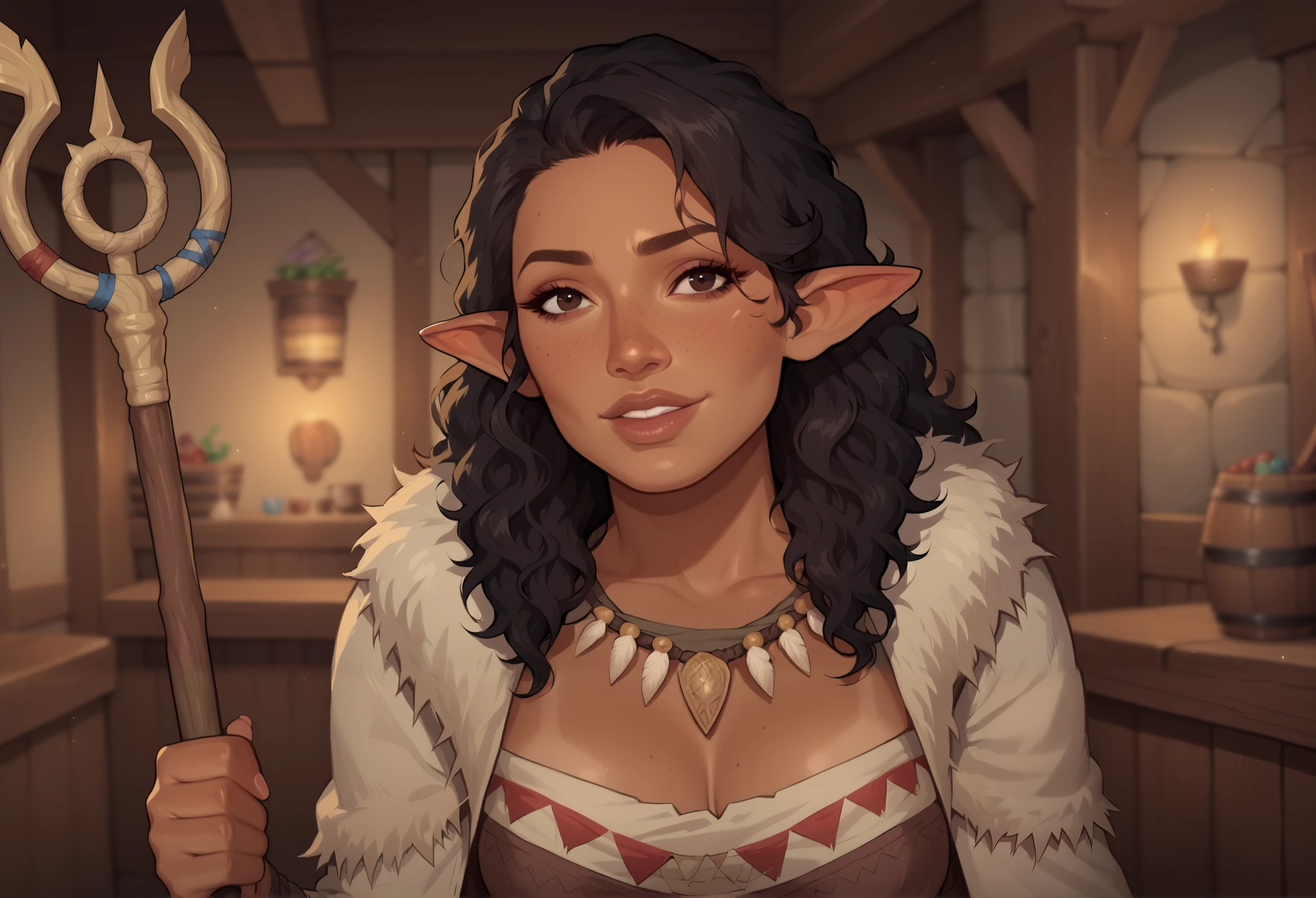 (((beautiful, high quality, comics style, detailed face))), score_9, score_8_up, score_7_up, BREAK, solo:1.4, pointed ears, mature woman, milf, Latina appearance, long frizzy black hair, perfect dark eyes, (high cheek bones: 1.0), ((brown skin, tanned skin:1.3)), sexy body, freckles, small perky breasts, lanky, gangly, small medium cleavage, (black fur trimmed cape:1.2), chest, tribal clothes, chest band, necklace of teeth, holding a wooden staff, brown fur cape, female focus, portrait, upper body, portrait, looking at the viewer, bent over, vest, arm tattoos, fantasy tavern, blurred background, (dynamic lighting:1.1) ((masterpiece)), Expressiveh, detailx