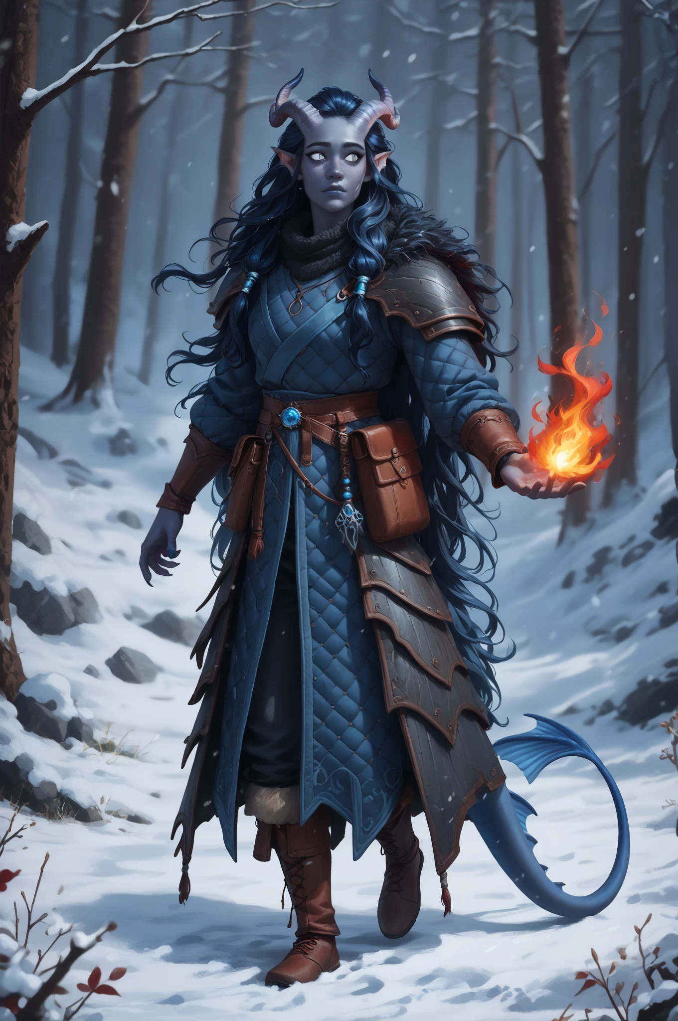 (A snow-covered cedar ,  the winter cedar forest against the background of ), (1Тiefling ,  dark blue-gray skin :1.5), ( very thick long tiefling dragon tail :1.5), ( long black flowing hair with dark blue tips:1.4), ( the bright blue-black pigmentation on the face :1.5), (blue-black freckles :1.2) , ( 2little fins on their heads :1.4), (bright blue-grey pupils,  Black eyes :1.6), ( blue-black pigmentation on the skin :1.5), ( dark grey straight short horns ), ( blue and black pigmentation on the tail :1.5),  girl  , (kind face), (на лице эмоции от coldа), ( medieval fur pants ), (coldно:1.2), [curiosity ], (35 years old:1.5), (adult:1.2), (Deep look:1.3), ( fur collar armor), ( fur armor ), (chainmail), (you can see pigmentation on his shoulder ), (tail protection), [ snowy winter ], (visible in full), (a fiery magic bundle of black and red flame in the hand :1.4), (Fireball in hand :1.2), (dynamic pose:1.3), (очень coldно), (dark:1.2), (blizzard,  snow , cold) , ( top quality ), ( masterpiece fails), ( highest detail),  fantasy background, blue tones, Dark tones, dark shades,  muted colors, [Night], (a dark scary cave in the background).