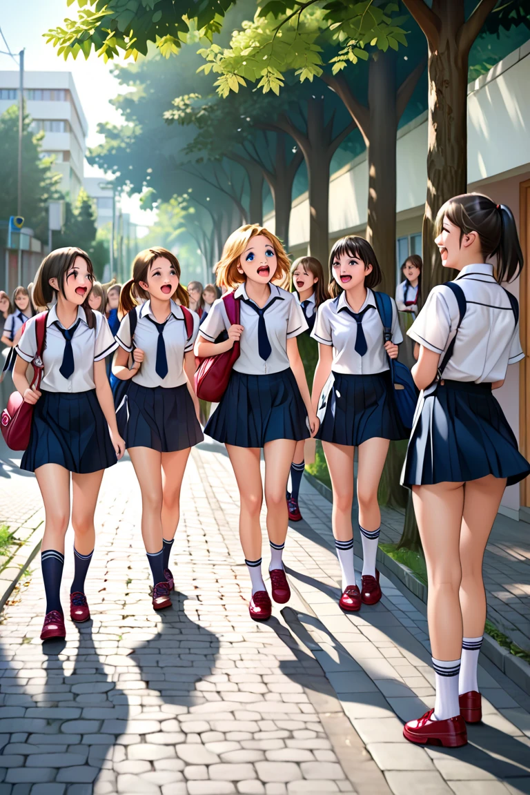 (masterpiece), best quality, expressive eyes, perfect face. A crowd of multiple schoolgirls bare naked only choker tie, socks and cute shoes, morning, outdoor fresh natural street with trees and pavement, the girls are chatting, laughing on their way to school, with ransel bag on their bag. 