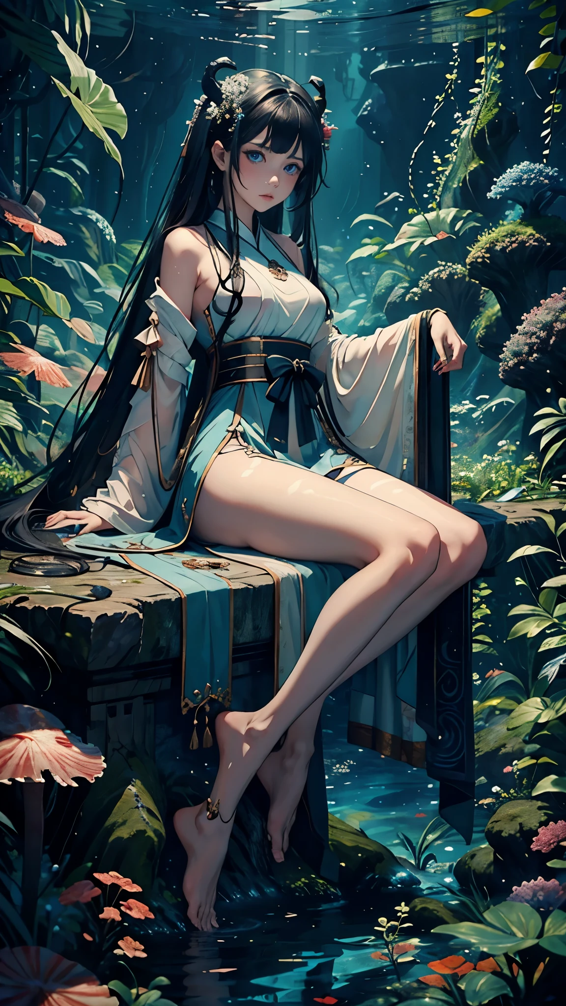 ((aeolian)), 1 girl, beautiful face, Princess, (naked), very long black hair, slim body with long legs, forest background, full body view, wearing white leggings and bare toes