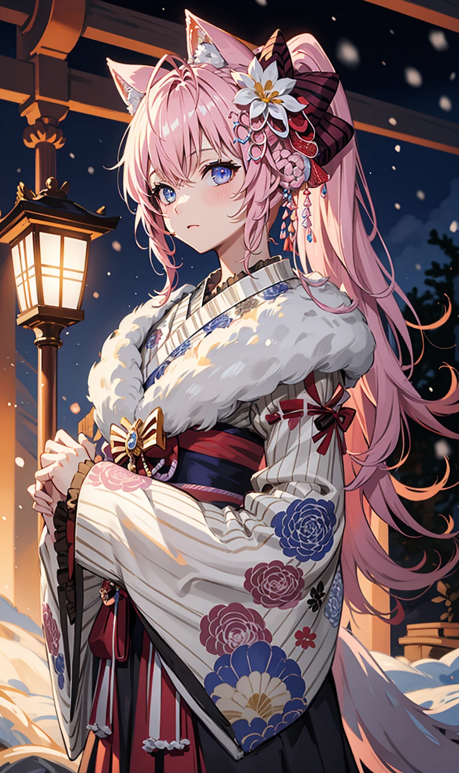 masterpiece,    Top Quality ,    high-resolution ,  masterpiece:1.2,     high quality  , 8K,      beautiful and meticulous growth   ,  happy ，  heavy costume，  blush，  kimono， Japanese costume ，Side Ponytail，  Fantasy World , Ice and snow fly  ,  winter，Mysterious landscape  ， black gloves ，Strike a pose，Beautiful sleeves  ，   Lots of clothes on the chest ， Small curves   