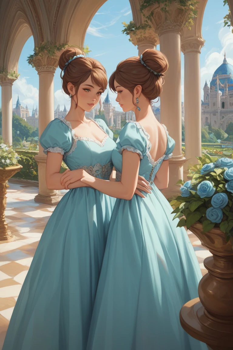 2girls, twins, 1 brown haired girl in a bun wearing a light orange {salmon colored} dress, 1 girl with loose brown hair wearing a light cyan blue dress, palace garden, fantasy 