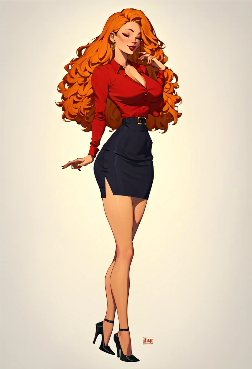 A tall, sexy, sensual, beautiful woman with large breasts, long, wavy, curly, fluffy orange hair, covers her face with red lips, wears a red button-down office shirt and a short red office skirt, and black heels.