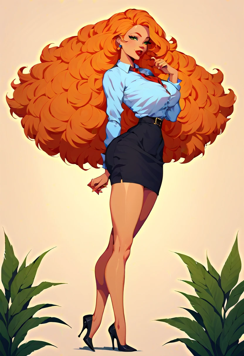 A tall, sexy, sensual, beautiful woman with large breasts, long, wavy, curly, fluffy orange hair, covers her face with red lips, wears a red button-down office shirt and a short red office skirt, and black heels.