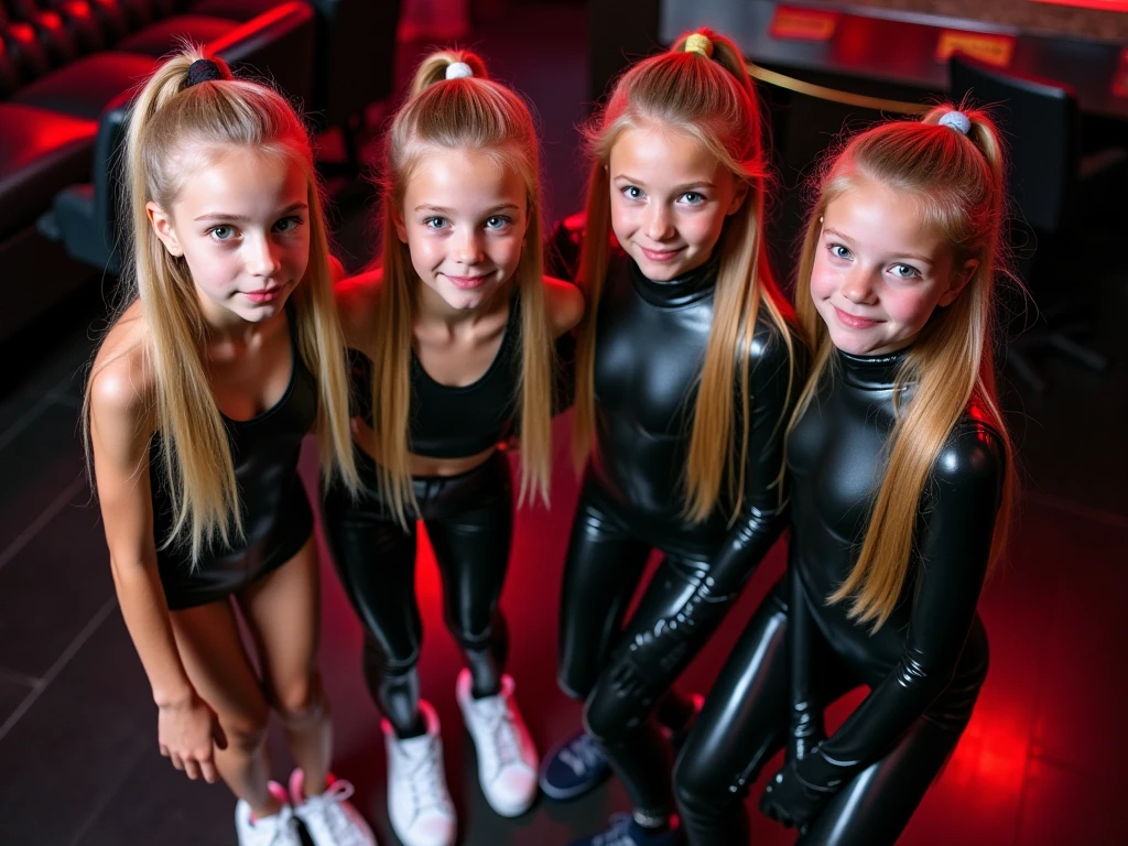 real photograph, four young looking incredibly skinny swedish young **** girls with a cute face, ******, sexy and cute smile, blue eyes, skinny anorexic body, and large heavy plump breasts, in a night club, on knees, top down view, tight latex catsuits, white sneakers , light blond, very long hair in a slick ponytail