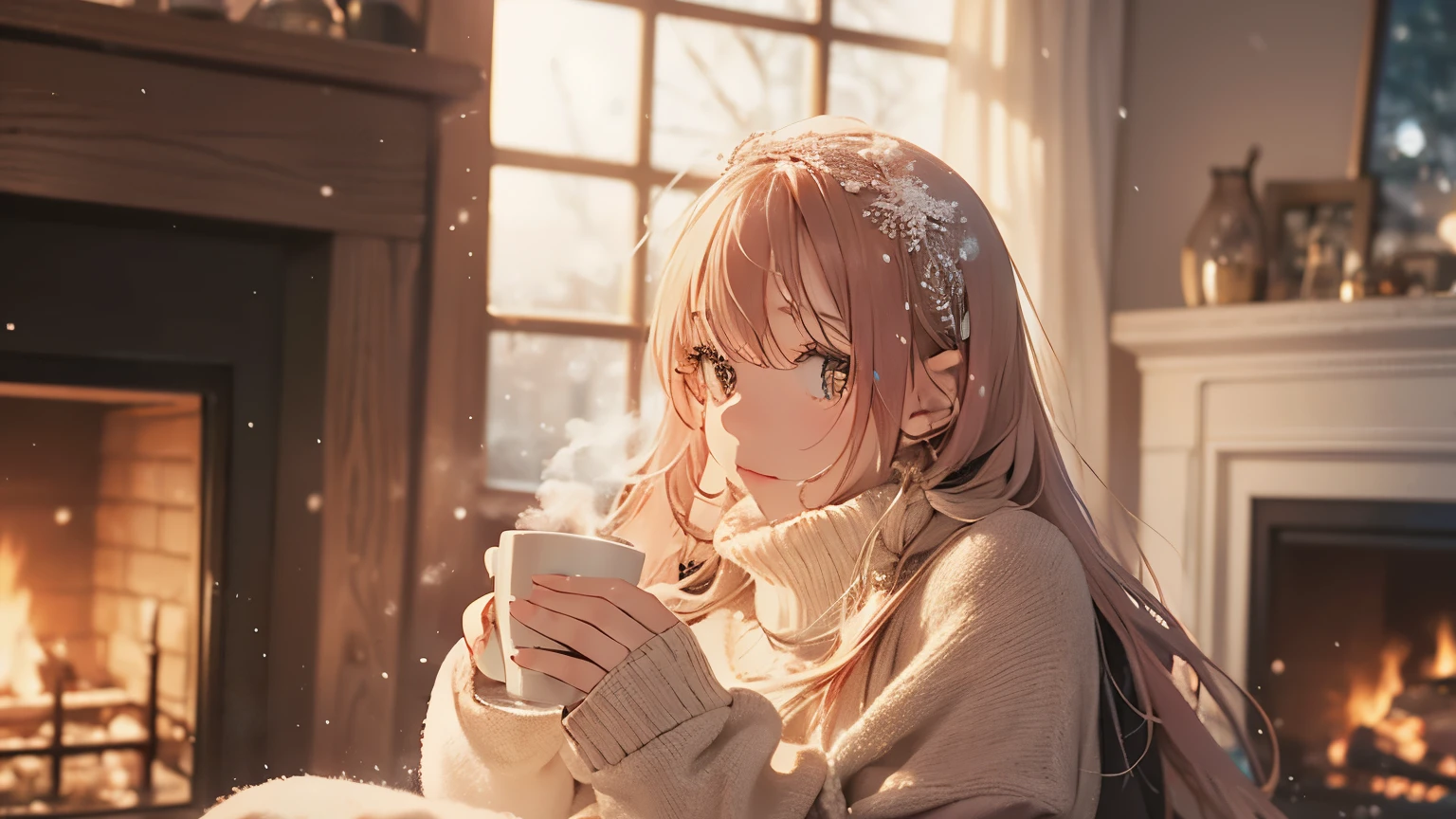 Create an image of a cozy winter scene featuring a cute woman holding a coffee cup while gazing out a frost-covered window. Snow gently falls outside, and warm light from a fireplace reflects softly on her face. She wears a comfy sweater, with steam rising from her cup, evoking a sense of calm and tranquility.