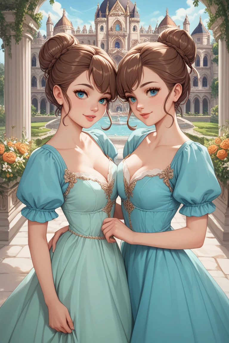 2girls, twins, 1 brown haired girl in a bun wearing a light orange {salmon colored} dress, 1 girl with loose brown hair wearing a light cyan blue dress, palace garden, fantasy 