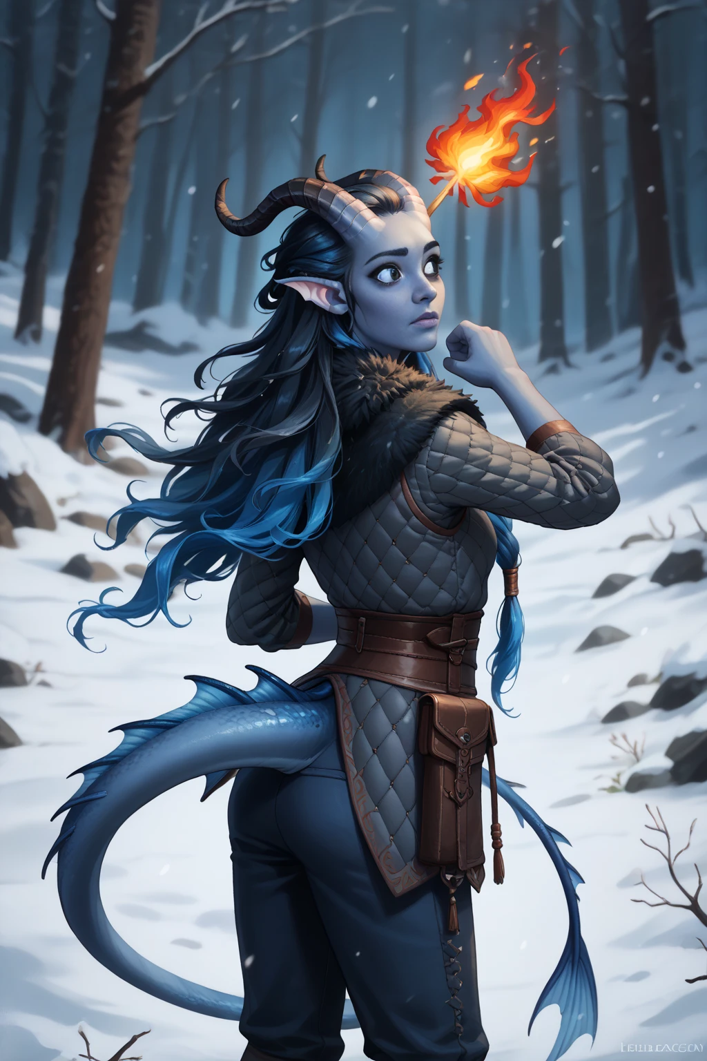 (A snow-covered cedar ,  the winter cedar forest against the background of ), (1Тiefling ,  dark blue-gray skin :1.5), ( very thick long tiefling dragon tail :1.5), ( long black flowing hair with dark blue tips:1.4), ( the bright blue-black pigmentation on the face :1.5), (blue-black freckles :1.2) , ( 2little fins on their heads :1.4), (bright blue-grey pupils,  Black eyes :1.8), ( blue-black pigmentation on the skin :1.5), ( dark grey straight short horns ), ( blue and black pigmentation on the tail :1.5),  girl  , (kind face), (на лице эмоции от coldа), ( medieval fur pants ), (coldно:1.2), [curiosity ], (35 years old:1.5), (adult:1.2), (Deep look:1.3), (looks back in fright:1.5), ( fur collar armor), ( fur armor ), (chainmail), (you can see pigmentation on his shoulder ), (tail protection), [ snowy winter ], (visible in full), (a fiery magic bundle of black and red flame in the hand :1.4), (Fireball in hand :1.2), (dynamic pose:1.3), (очень coldно), (dark:1.2), (blizzard,  snow , cold) , ( top quality ), ( masterpiece fails), ( highest detail),  fantasy background, blue tones, Dark tones, dark shades,  muted colors, [Night], (a dark scary cave in the background).