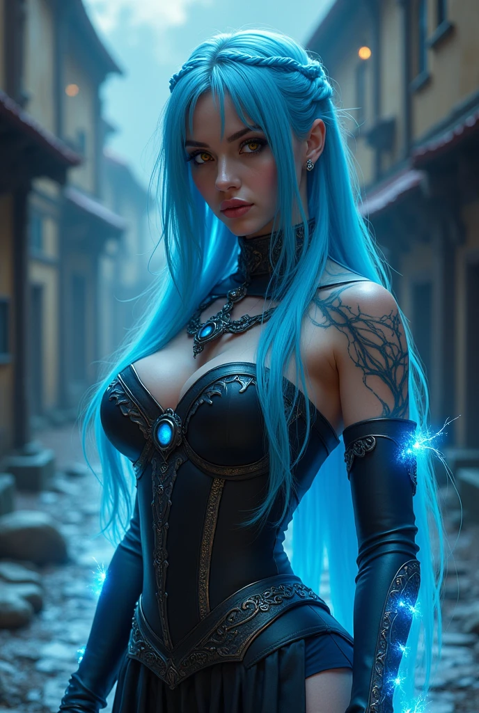 Beautiful biracial latina with light blue eyes, long light blue hair with big large breasts, assassin's creed ezio suit, photo realistic, in a village
