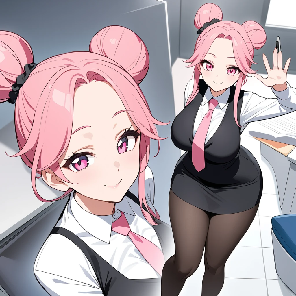  A human anime woman ,  with long pink hair tied by a pen in a bun, vibrant pink eyes ,  fair skin ,  Big breasts ,  fine winding,  wide hips .  wearing a white dress shirt ,  wearing a pink tie ,  a black dress skirt that reaches above the knees ,  a black tights .  With a sweet and friendly pose ,  a cute and smiling expression . standing up , inside an office. 