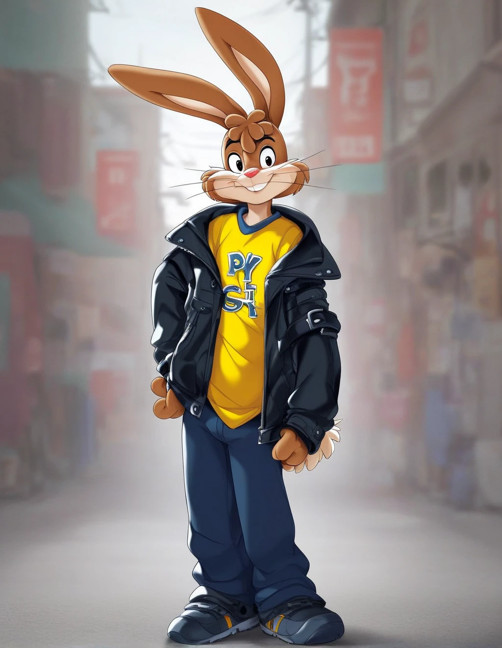 zPDXL3,quicky,4 fingers,brown fur,pants, yellow shirt, black leather greaser jacket, standing, young adult, furry, rabbit, male, gay, femboy, handsome, two extremely handsome rabbits standing by side, slim,solo,looking_at_viewer,