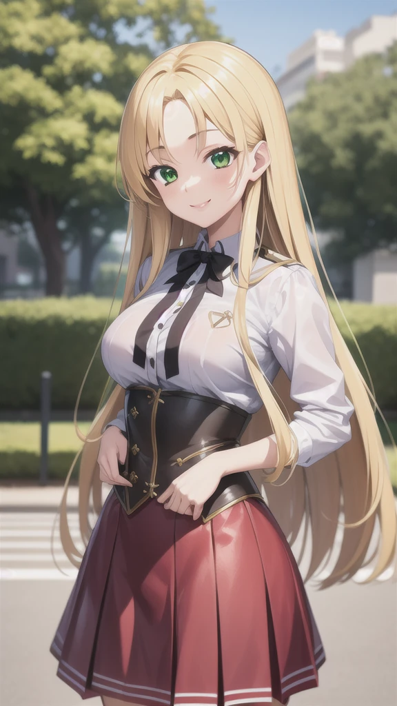 best quality, masterpiece, 1girl, (solo:1.1), raytracing, ultra detailed,detailed face, 8k wallpaper, wide hips, smile, AsiaArgentoNDV, 1girl, blonde hair, large breasts, long hair, green eyes, red skirt, school uniform, shirt, corset, ribbon,  outdoor