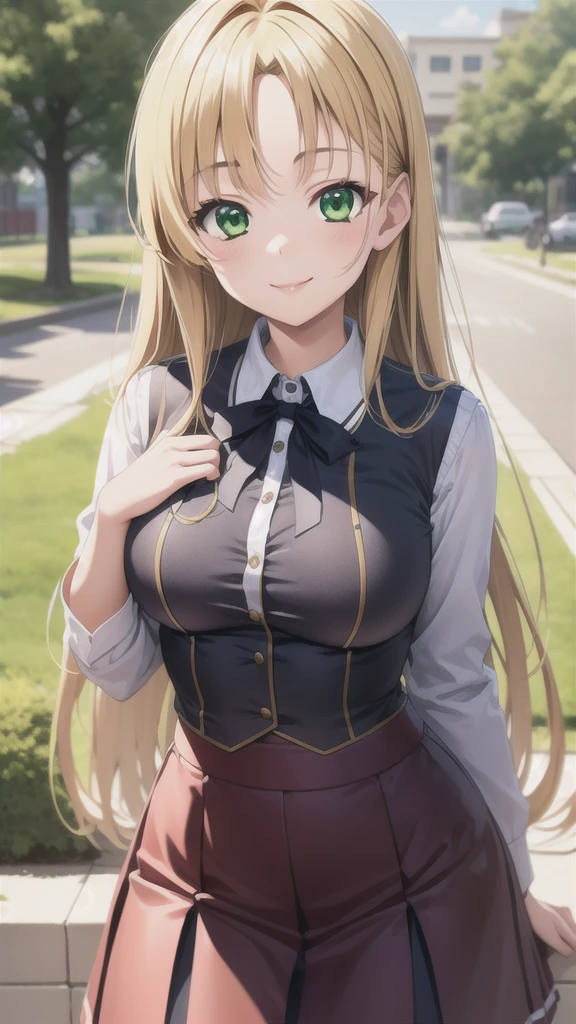 best quality, masterpiece, 1girl, (solo:1.1), raytracing, ultra detailed,detailed face, 8k wallpaper, wide hips, smile, AsiaArgentoNDV, 1girl, blonde hair, large breasts, long hair, green eyes, red skirt, school uniform, shirt, corset, ribbon,  outdoor