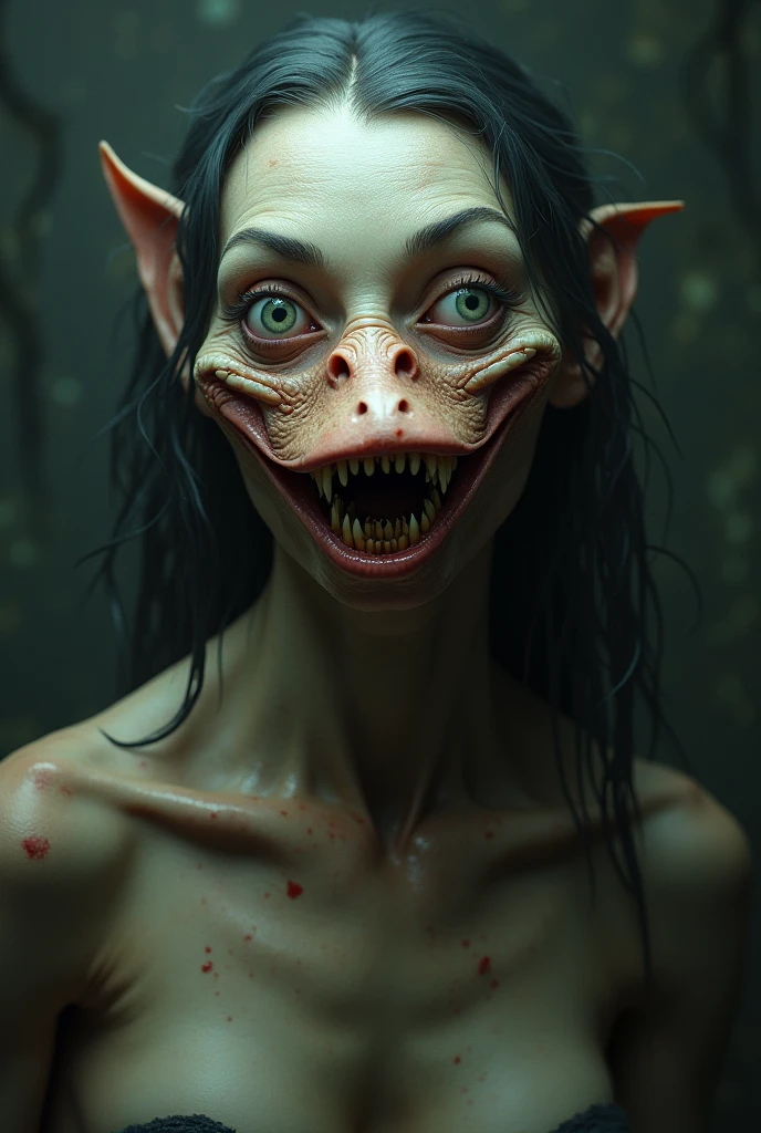 photorealistic sexy white girl, wearing bald sweaty goblin teen girl mask with green skin, blush, and freckles, and fangs, and braces, and long pointy teeth, she's completely naked with perky breasts. she has very prominent sternocleidomastoids and collar bones. her mouth is agape. she looks scared and disturbed and disgusted. her goblin mask is green and covers her entire head and neck