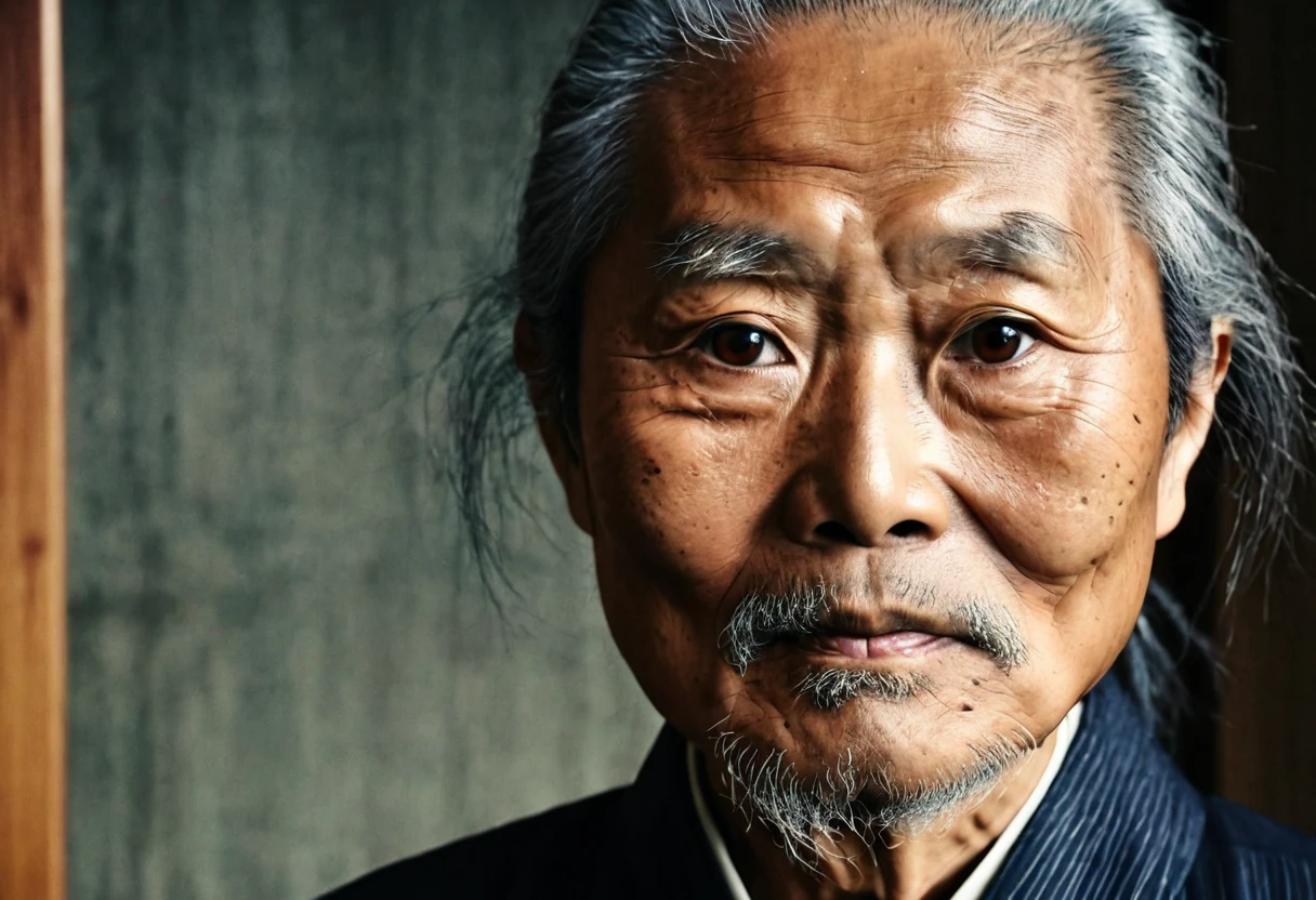 Yoboyobo's grandfather　Wrinkled face　Japanese look , Gray Hair,  with a cut that looks like an old man,  caramel eyes 　200 years old