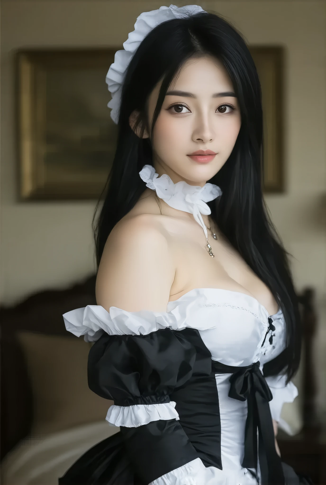 Top quality, masterpiece, ultra-high resolution, (photorealistic: 1.4), raw photo, 1 girl, English maid, ruffled maid headband, ponytail, braided hair, black dress in Victorian style, ribbon tie, white apron, long skirt, puff sleeves, white silk socks, black strap shoes, shiny skin, polite standing figure with straight legs, café, Seated, 18 years old, Nogizaka idol, actress, Korean idol, gravure idol