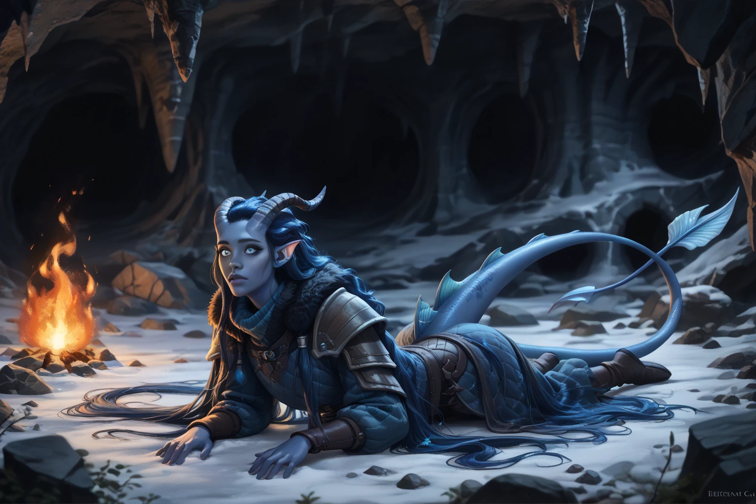 (A snow-covered cedar ,  the winter cedar forest against the background of ), (1Тiefling ,  dark blue-gray skin :1.5), ( very thick long tiefling dragon tail :1.5), ( long black flowing hair with dark blue tips:1.4), ( the bright blue-black pigmentation on the face :1.5), (blue-black freckles :1.2) , ( 2little fins on their heads :1.4), (bright blue-grey pupils,  Black eyes :1.8), ( blue-black pigmentation on the skin :1.5), ( dark grey straight short horns ), ( blue and black pigmentation on the tail :1.5),  girl  , (kind face), (на лице эмоции от coldа), ( medieval fur pants ), (coldно:1.2), [curiosity ], (35 years old:1.5), (adult:1.2), (Deep look:1.3), (looks back in fright:1.5), ( fur collar armor), ( fur armor ), (chainmail), (you can see pigmentation on his shoulder ), (tail protection), [ snowy winter ], (in a dark, scary cave, :1.4), ( is kneeling in front of a lying broken stone slab:1.6), (visible in full), (a fiery magic bundle of black and red flame in the hand :1.4), (Fireball in hand :1.2), (dynamic pose:1.3), (очень coldно), (dark:1.2), (blizzard,  snow , cold) , ( top quality ), ( masterpiece fails), ( highest detail),  fantasy background, blue tones, Dark tones, dark shades,  muted colors, [Night], (a dark scary cave in the background).