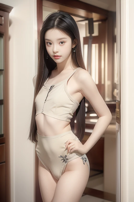 a beautiful woman, perfect figure, narrow waist, long chestnut hair, beautiful detailed eyes, long eyelashes, lustrous detailed lips, beautiful skin, beautiful smile, fashion model, cinematic scene, (best quality,4k,8k,highres,masterpiece:1.2),ultra-detailed,(realistic,photorealistic,photo-realistic:1.37),((dancing)),[red tank top]