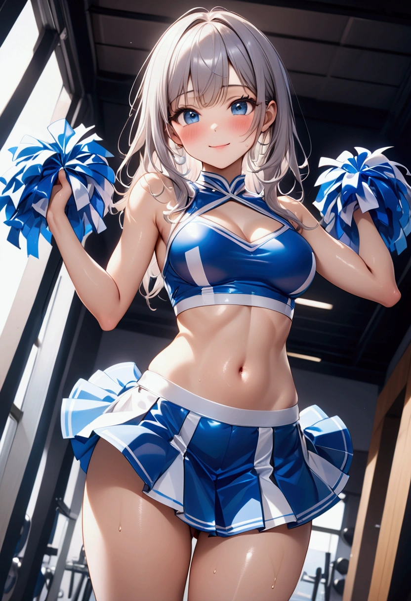 ( cheerleader), ((skirt)), ((pantyhose)), ((Shiny Costumes)), skindentation, skinny, solo, 1 woman, Masterpiece, highest quality, highest quality, 16K, incredibly absurd, highly detailed, 2.5D, ai-generated, delicate and dynamic, very delicate facial expressions, delicate eye depiction, erotic, only sexy woman, ((A cute and kind face)), healthy figure, ((25-year-old woman)), 160cm tall, medium firm swaying bust, , blush, Sweat,Embarrassed,sexy, ((thin thighs)), (camel toe:0.7), (visible nipples:0.3), (Erect nipples,:0.7), shiny and lustrous, facing straight at viewer, (((in heat))), ((Oily_skin)),, ((dutch angle)), ((erotic pose)), , , ((sit)),