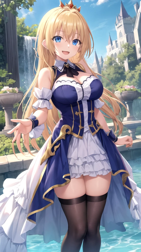 masterpiece, best quality, high quality, girl, solo, looking at viewer, yuuto_kiba, blonde hair, blue eyes, hair between eyes, large breasts, princess connect re dive cosplay, princess Dress, standing, smile, open mouth, outdoors 