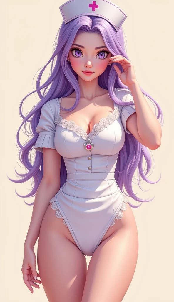 Beautiful medium , 1girl, ((purple hair, wavy hair with bangs)) ((beautiful girl)) light green eyes, has an beautiful sensual body with freckles, with full breastsin waist, HIP HOP Beautiful and cute Beautiful strap blouse, crochet blouse, long denim shorts, fabric delicate, has a bold appearance. young, quality, realistic, best quality, cute expression, pink lipstick lips, cute smile, leaning, In the beautiful romantic room
