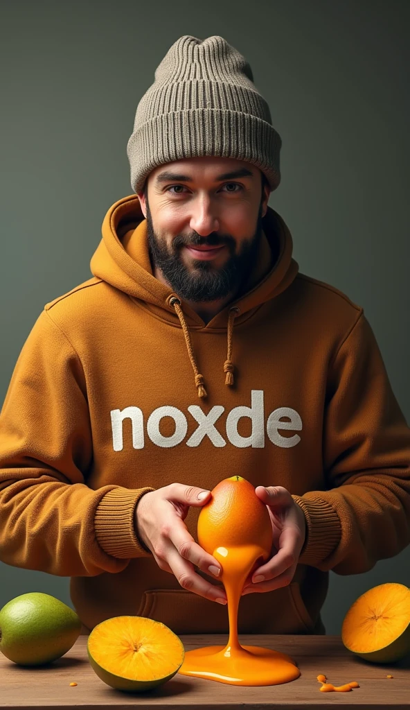 j'aimerais une mangue qui donne son jus à un homme portant un sweet sur lequel le mot noxide est écrit. Il porte également un bonnet. j'aimerais une belle mangue verte et orange. 