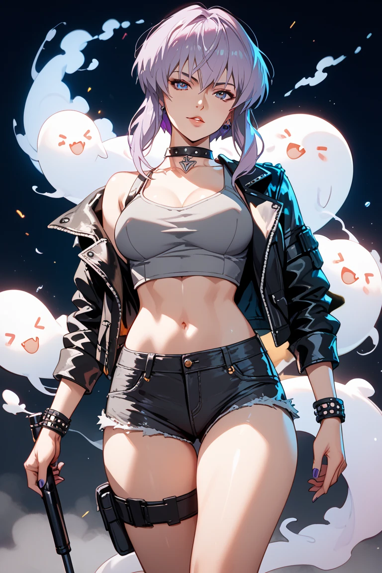 Shera, Obra de arte, melhor qualidade, 1 meninas, cabelo loiro, seios grandes, rabo de cavalo, Apenas, corte superior, bermuda jeans, Gargantilha, (grafite:1.5), Purple lightning pattern splash., arm behind the back, contra a parede, looking at the audience, pulseira, thigh strap, tilt your head, entediado, rabo de cavalo, water eyes,