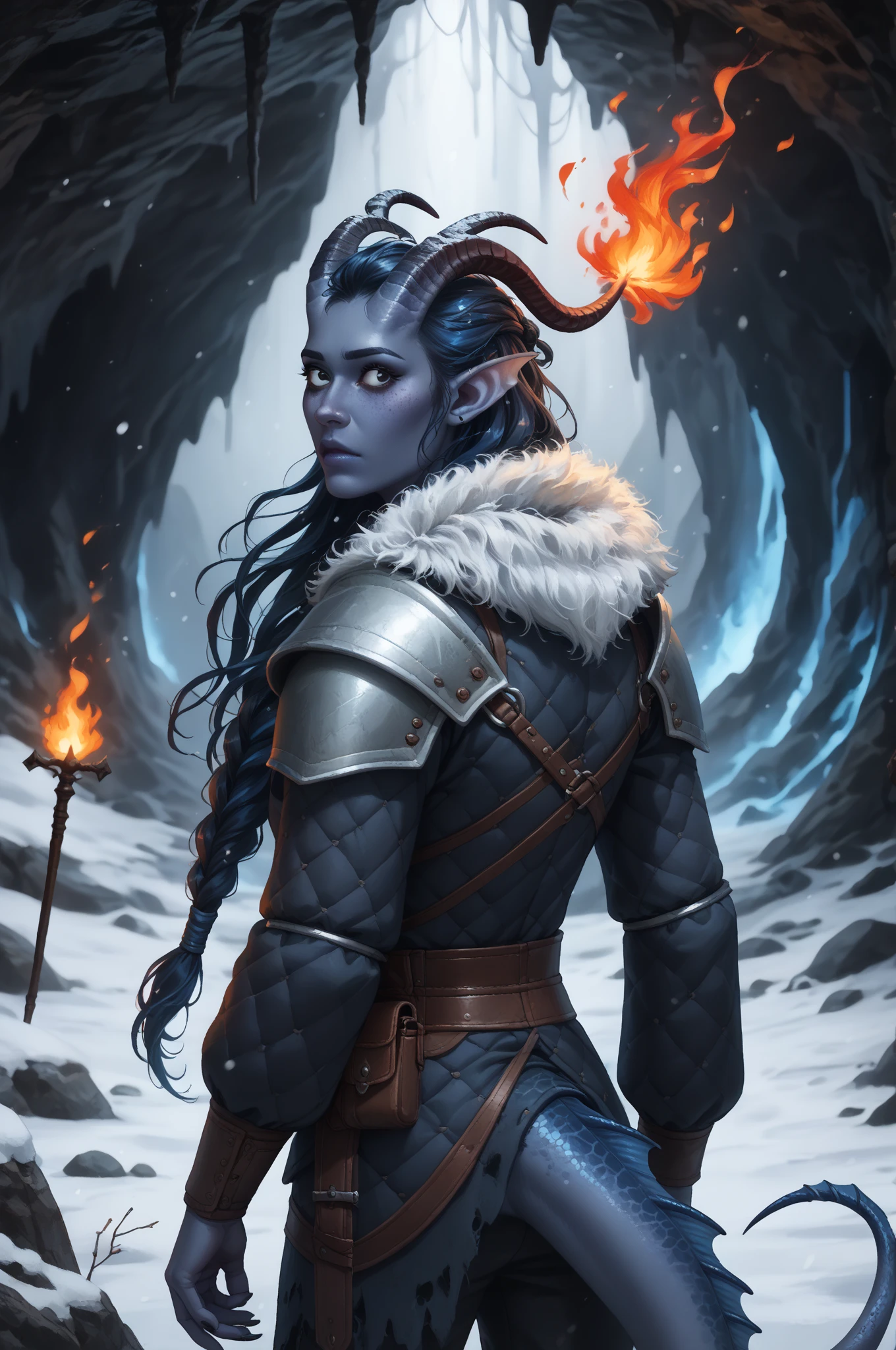 (A snow-covered cedar ,  the winter cedar forest against the background of ), (1Тiefling ,  dark blue-gray skin :1.5), ( very thick long tiefling dragon tail :1.5), ( long black flowing hair with dark blue tips :1.4), ( the bright blue-black pigmentation on the face :1.5), (blue-black freckles :1.2) , ( 2little fins on their heads :1.4), ( Black eyes :1.4), (blue pupils:1.2), ( blue-black pigmentation on the skin :1.5), ( dark grey straight short horns ), ( blue and black pigmentation on the tail :1.5),  girl  , (kind face), (на лице эмоции от coldа), ( medieval fur pants ), (coldно:1.2), [curiosity ], (35 years old:1.5), (adult:1.2), (Deep look:1.3), (looks back in fright:1.5), ( fur collar armor), ( fur armor ), ( medieval fur pants ), (chainmail), (you can see pigmentation on his shoulder ), (tail protection), [ snowy winter ], (in a dark, scary cave, :1.4), (visible in full), (a fiery magic bundle of black and red flame in the hand :1.4), (Fireball in hand :1.2), (dynamic pose:1.3), (очень coldно), (dark:1.2), (blizzard,  snow , cold) , ( top quality ), ( masterpiece fails), ( highest detail),  fantasy background, blue tones, Dark tones, dark shades,  muted colors, [Night], (a dark scary cave in the background).