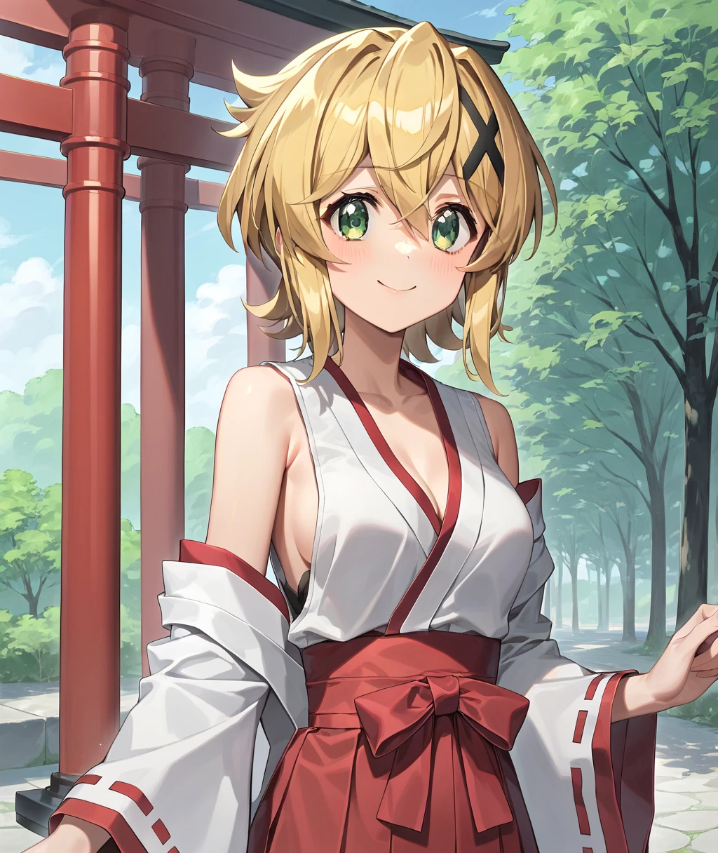 akatsuki_fever_senkizesshousymphogear，Blonde_hair, short_hair, green_eyes, shiny_hair, hair_ ornament , shiny, x_hair_ ornament , breasts, medium_breasts, hair_between_eyes,  jyojifuku, miko,red hakama,smile,torii,