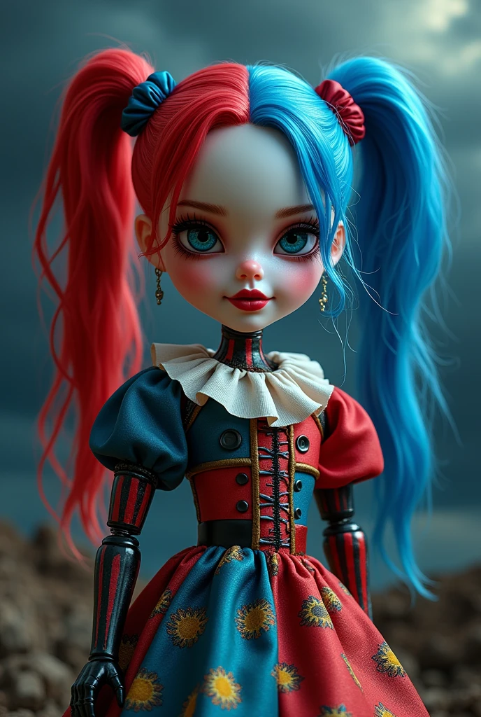  A hybrid fusion between the doll from Round 6 and Harlequin ,  with elements of both characters .  The doll has a dress with colorful details , Robotic features, and iconic Harlequin makeup ,  including the characteristic smile and hair divided into two colors (blue and red).  The background is a dark sky ,  with dark clouds and a dark climate .  The lighting dramatically highlights the character ."