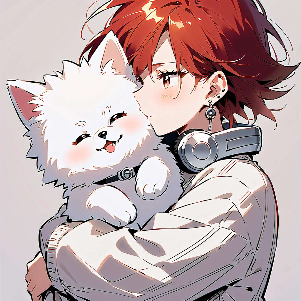 "A young woman with bright red hair, bright skin, and the soft expression , wearing an oversized white sweater .  He wears silver headphones around his neck and has earrings in his left ear .  The man hugs an adorable-looking white fluffy Pomeranian dog.  The background is plain white ,  gives full focus to the character of the man and his dog ."

